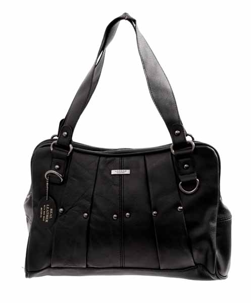 3732 BLACK Top Zip C.Hide Shlder Bag, Pleated & Studs